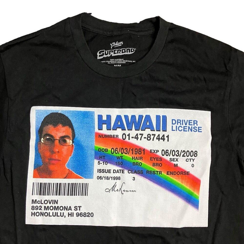 Superbad Movie McLovin Hawaii Driver License Men's Black T-Shirt Size Medium
